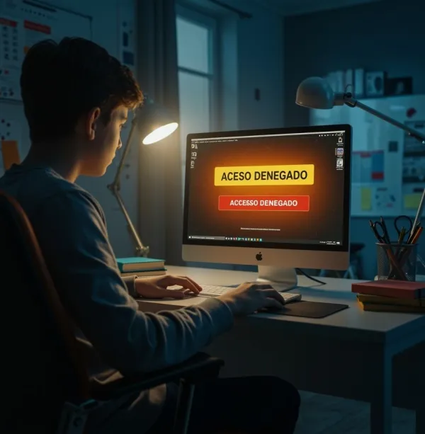 Foto generada por IA Niño mirando ordenador acceso denegado